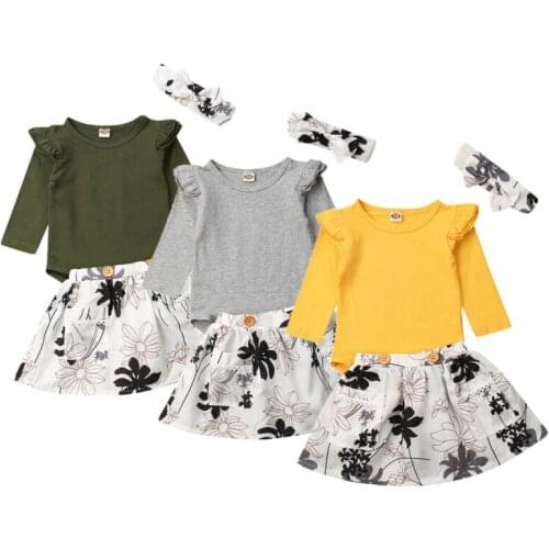 Toddler Girl Clothes 3PCS Newborn Baby Girl Clothes Tops Long Sleeve Bodysuit +Flower Skirt Headband Outfit 0-24M