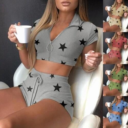 Sexy Knitted Two Piece Sleeping Suits Womens Casual Short Sleeved Zipper Starry Sky Tops High Waist Shorts Sportswear Tracksuit