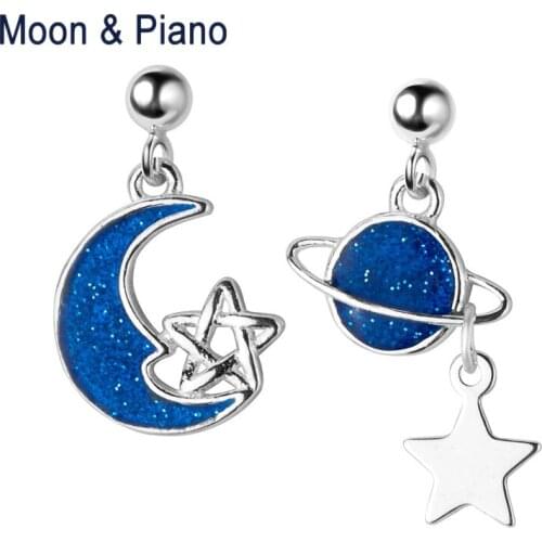 S925 Silver Planet Moon Asymmetrical Star Earring Female Korean Romantic Earrings Star Ear High Jewelry Gift For Girlfriend