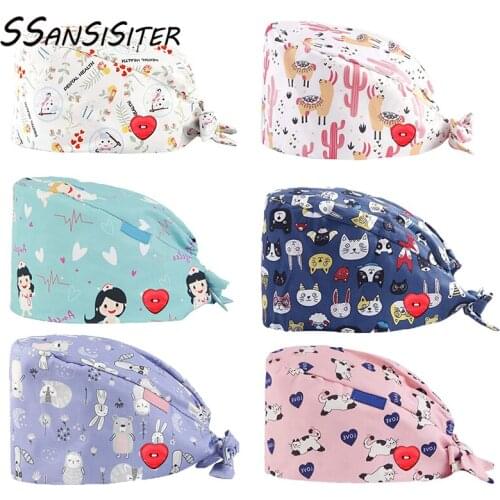 Women Scrub Caps with Buttons Bandage Adjustable Nursing Cap Cartoon Printed Ultra-thin Reuseable Salon Working Hats Accessories