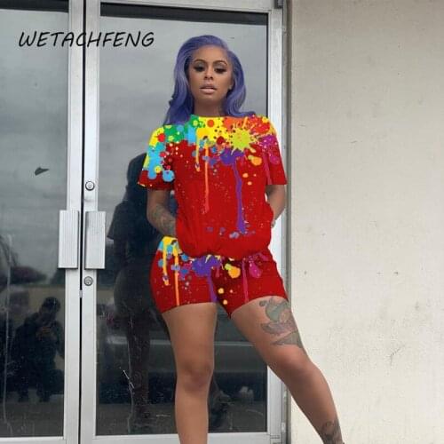 Sportswear Summer Women Print Red Shorts And Top Set Two Piece Tracksuits Casual 2021 Plus Size Loungewear Sports Suit Clothing