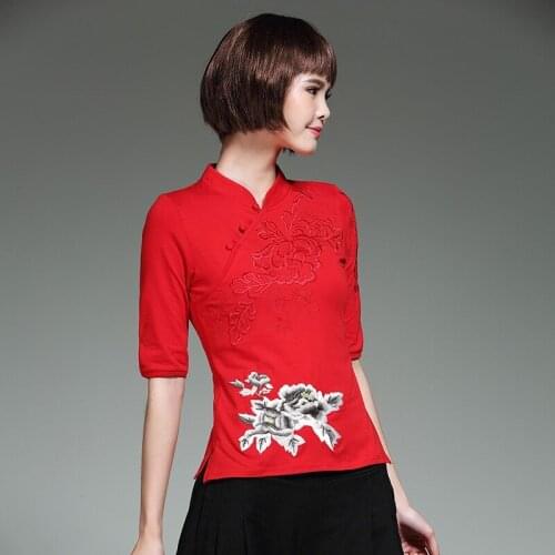 Retro Chinese Women Blouse Traditional Vintage Oblique Shirt Summer Cotton Oriental Woman Tops Mandarin Collar Cheongsam 30753