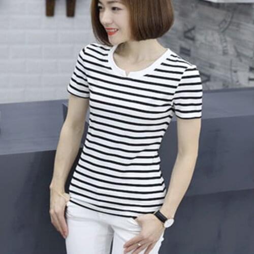 Womens Spring Summer Style Cotton T-shirt Womens Short Sleeve Striped O-neck Loose Elegant Casual T-shirt DD8319