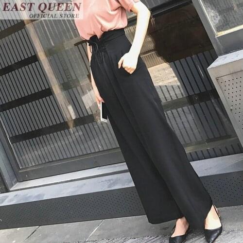 Women chiffon wide leg pants high waist drawstring long solid pants elegant office ladies casual fashion trousers DD694 L