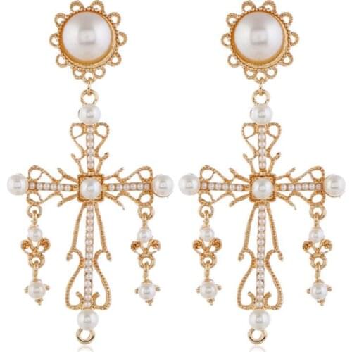 Female Imitation pearls Baroque Earrings Vintage Palace Jewelry Drop Earrings for Women Party Dance Exaggeration Cross Earring