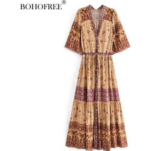 Rayon Cotton Maxi Hippie Floral Vestidos Women Casual Boho Dresses Button Down Split Hem Long Summer Dresses