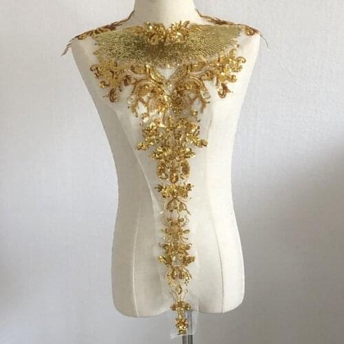 5Pcs/Set Gold Flowers Wedding Gown Appliques Embroidered Fabric Collar Lace Trims Mesh Sew On Patch For Dress DIY Decoration