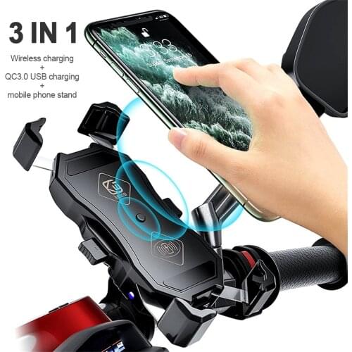 360 Degree Rotation Bike Bicycle Motorcycle Phone Holder 15W Wireless Charger QC3.0 USB Fast Charging Bracket Holder Mount Stand