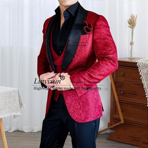 Burgundy Custom Made Black Shawl Lapel Wedding Suit For MenThree Pieces Party Prom Terno Elegant Groom Tuxedos Costume homme