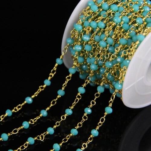 3x4mm,Light Blue Crystal Glass Faceted Rondelle Chain,Cut Abacus beads Gold Wire Wrapped Rosary Chain,Women Earring Bracelet