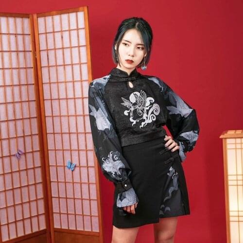 Black Chinese Style Clothing Women Asian Streetwear Shirt Crop-Top Harakuju Cheongsam Womens Tops And Blouses 2021