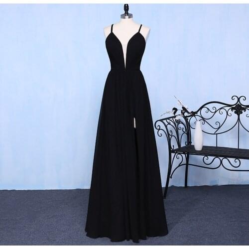 Black Chiffon Deep V Neck Lace Up Sexy Backless Slit Back Evening Party Dress Special Occasion Dresses Custom