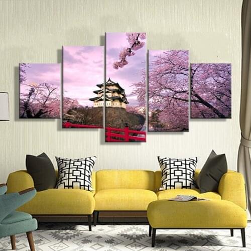 Home Decoration Pictures Vintage 5 Panel Cherry Blossom Japan Framework Paintings On Canvas Posters And Prints On The Wall