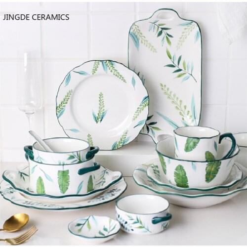 Minimalism Plant Pattern Ceramic Tableware Dinner Plate Home Kitchen Binaural Plate Dishes Rice Bowl Mug Kitchenware Dinnerware
