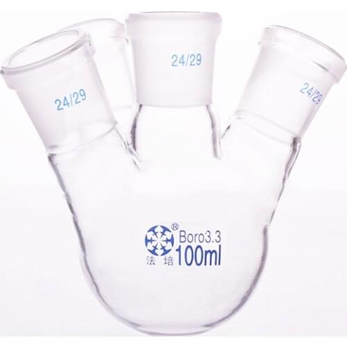 Four-necked flask oblique shape,with four necks standard grinding mouth,Capacity 100ml,Four ground mouth 24/29