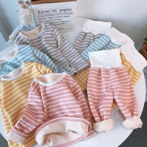 Childrens Underwear Set stripe Kids Clothes Autumn Winter Warm Plus Velvet Thickened Trousers baby Boys Girls Thermal Pajama