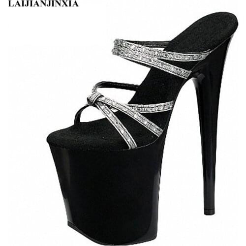LAIJIANJINXIA New Fashion 9 Inch High Heel Shoes Sexy For Women Black Rhinestone Slippers Peep Toe Clubbing Exotic Sandals