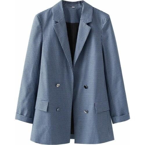 Merodi Office Lady Plaid Print Casual Autumn Long Blue Outwear Women Fashion Double Breasted Long Sleeve Chic Loose Jackets