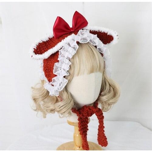 Cute Princess Lolita Girl Rabbit Ear Lace Trim Bow Knitted Hat Mori Girl Warm Cap Kawaii Knitting Hat B1640