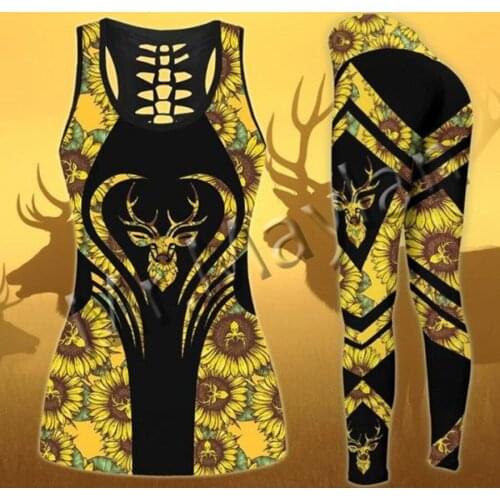 Fashion Animal Deer Hunting Country girl Sunflower Women Hollow Tanktop & Legging 3D Print Leisure Female Sexy Vest Clothe S-246