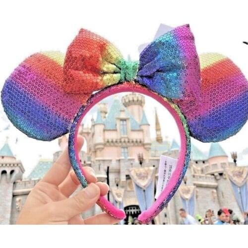 New Minnie Mouse Rainbow Sunshine Sequin Ears Headband