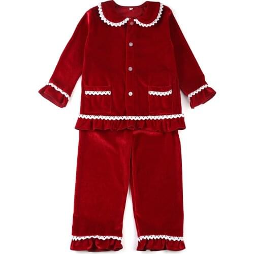 New Arrival Baby Fashion Ruffle Christmas Pajamas Toddler Girls Lace Homewear Two Piece Sets Red Pyjamas