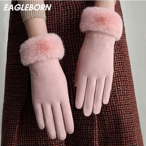 New Fashion Warm Gloves Women Winter Ribbed Plush Korean Japanese Cute Padded Touch Screen Women Gloves Black Pink Winter Gloves