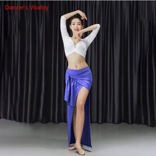 New Women Sexy And Elegance Belly Dance Practice Suit 2 Piece Set Modal Belly Dance Split Long Skirt Long Sleeve Blouse White