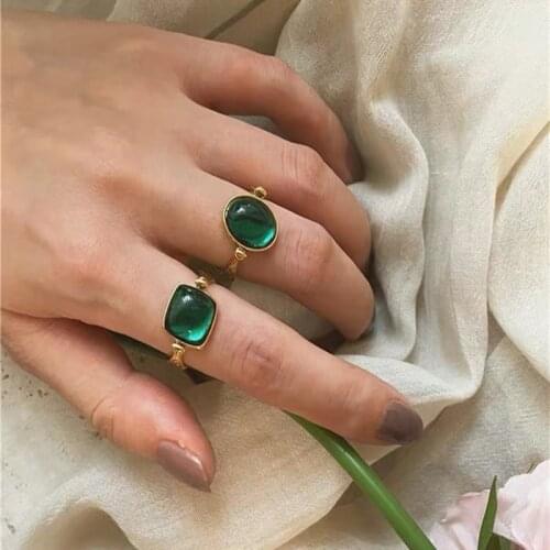Origin Summer Exquisite Vintage Emerald Circle Square Geometrical Ring for Women French Rhinestone Ring Wedding Jewelry Hot