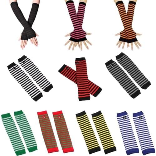 Women Winter Warm Cable Knitted Long Fingerless Gloves Chunky Crochet Striped Color Arm Warmers Thumbhole Mittens