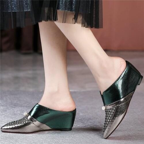 Punk Slippers Women Cow Leather Wedges High Heel Gladiator Sandals Female Summer Pointed Toe Mules Low Top Pumps Casual Shoes