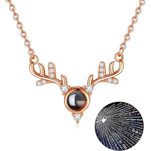 I'm with you all the way 100 Languages I Love You Necklace Romantic Deer Horn Pendant Short Necklaces Christmas Day