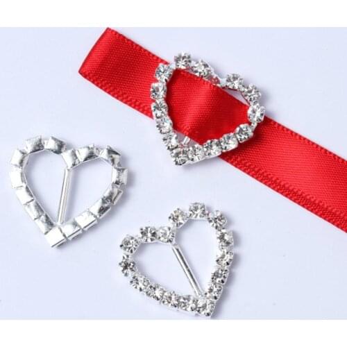 20pcs Sweet Heart-shaped Square Round Rhinestone Invitation Ribbon Buckle Sliders for DIY Craft Wedding Card Silver Accessories