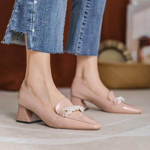 2021 Spring and Summer New Womens Shoes Square Toe Thick Heel High Heels Beaded Shallow Mouth Single Shoes Women