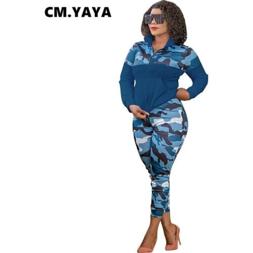 CM.YAYA Plus Size S-5XL Camouflage Patchwork Womens Set Sweatshirt Legging Pants Matching Set Tracksuit Fitness Two Piece Set