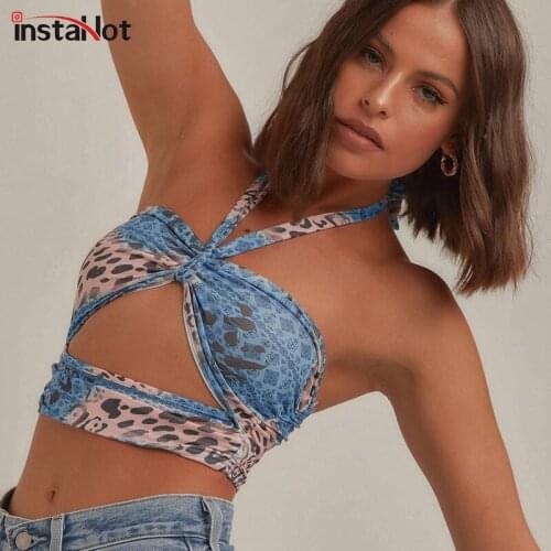 InstaHot Panelled Halter Crop Top Print Hollow Out Tank Tops Sexy Bra Backless Casual Summer 2021 Female Slim High Street Vest
