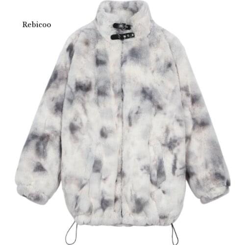 Tie-dyed Plush Coat Women Teddy Coat Autumn Lapel Printed Autumn Winter Faux Fur Jacket Coat Women Casual Overcoat