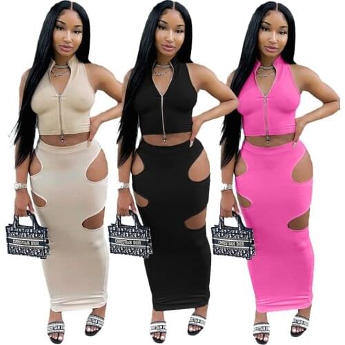 ZKYZWX Summer Outfits for Women Two Piece Clubwear Zip Crop Top Hollow Out Long Dresses Sexy Birthday Clothes Party Matching Set