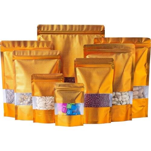 100pcs Gold Aluminum Foil Window Ziplock Bag Golden Food Snack Sugar Coffee Beans Chocolate Spice Self-Sealing Packaging Pouches