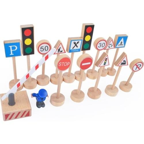 15Pcs Wooden Road Signs Traffic Warning Pedestrian Parking Scene Road Block Sign for Kids Montessori Educational Wooden Toys