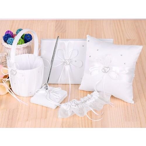 5pcs/set Wedding Decoration Accessories Double Heart Satin Flower Girl Basket 7x7'' Ring Bearer Pillow Guest Book Pen Holder