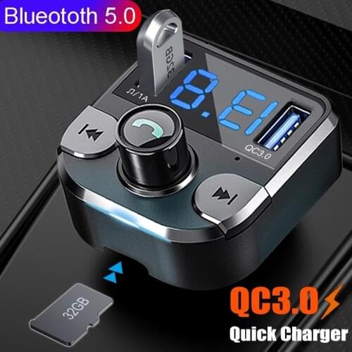Konrisa Bluetooth 5.0 Fm Transmitter Car Kit MP3 Modulator Car Charger Double USB QC3.0 Quick Charger With LED Screen