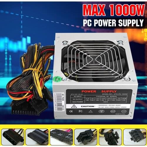 1000W PFC Power Supply PSU Silent Fan ATX 24pin 12V PC Computer SATA Gaming PC Power Supply For Intel AMD Computer Silver