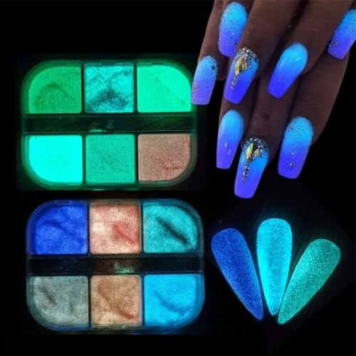 6 Grids Nail Nail Dipping Dust Fluorescent Powder Nail Glitter Holographic Luminous Nail Glitter Set Neon Powder Pigment Decor
