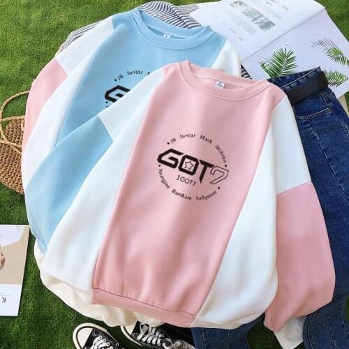 Korean Fashion Kpop GOT7 Colorful Thick Sweatshirt Pullover Women Long Sleeve Hoodies Hip Hop Stitching Color Clothes Streetwear