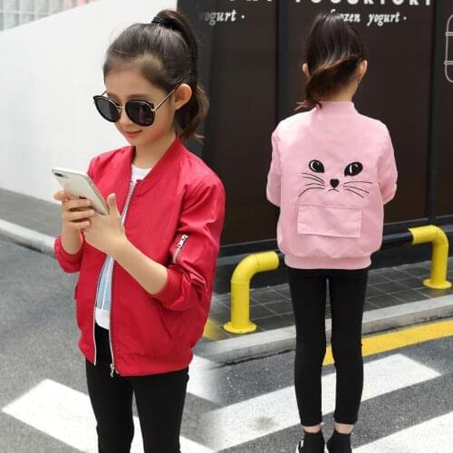 Red/Pink/Black Big Girls Cartoon Jacket Spring Autumn Trench Coats Kids Cool Casual Zipper Jackets Children Clothes 4-14T