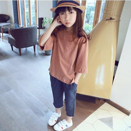 Spring and summer girls' solid color T-shirts childrens tops bottoming shirt with three-quarter sleeves tops
