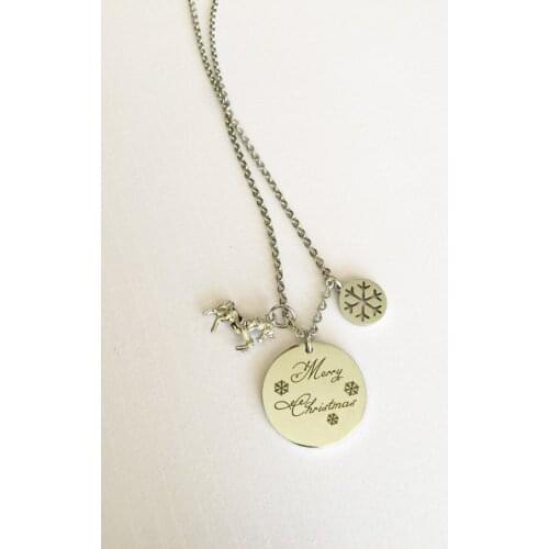 Trendy Stainless Steel Merry Christmas Unicorn Engraved Steel Color Charm Pendent Chain Necklace as Gifts for Girls and Women