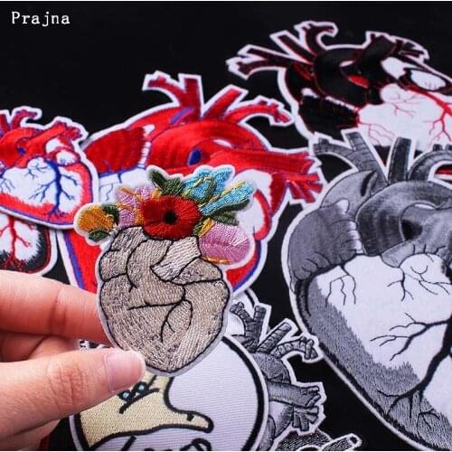 Prajna Punk Heart Patch For Clothing Embroidered Iron on Red Heart Badge Patches DIY Decor Flowers Heart Applique Stripes F