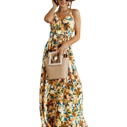 Puloru Boho Leaves Flowers Print Maxi Beach Dress Women Spaghetti Straps A-Line Sundress Party Vacation Back Cross Long Dress